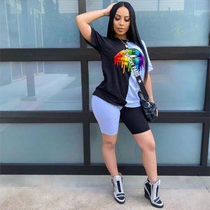 DR Emporium Booty short set casual lip printing. Size: XL ONLY